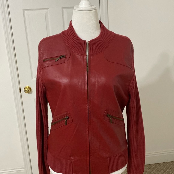 Vintage Red Leather Front, Sweater Jacket ❤️ - Picture 1 of 11